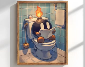 Puede incluir: Impresión enmarcada de un personaje de dibujos animados con una mecha encendida, sentado en un inodoro y leyendo un libro. La escena del baño incluye un inodoro, un toallero y paredes de azulejos azules. Tema humorístico.