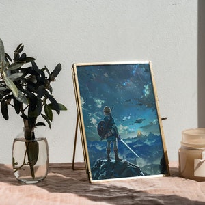 May include: A gold-framed picture with a fantasy landscape and a character holding a sword. The picture is on a table with a vase of greenery and a candle.