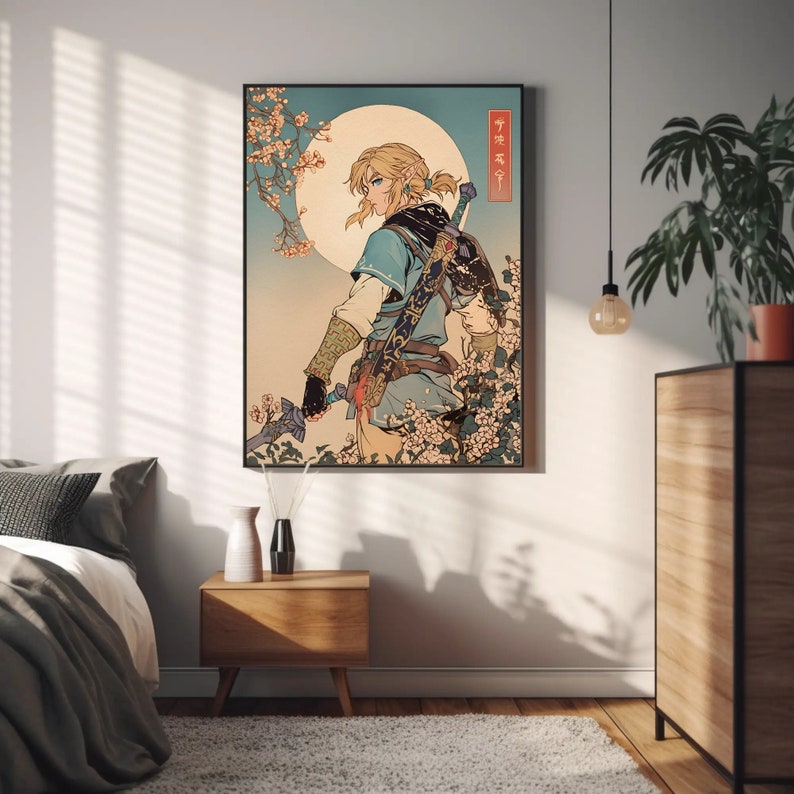 Pu&ograve; includere: Un'illustrazione digitale di un personaggio della serie di videogiochi The Legend of Zelda, Link, in piedi in un bosco con fiori di ciliegio. Lo sfondo presenta una luna piena e i caratteri giapponesi per "Legend of Zelda".