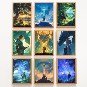 May include: Nine framed illustrations of a video game character, Link, from the Legend of Zelda series. The illustrations depict Link in various scenes from the game, including fighting a dragon, riding a horse, and standing on a mountaintop. The illustrations are all in a similar style, with a bright, colorful palette and a whimsical feel.