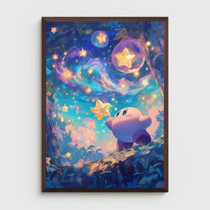 May include: A framed art print featuring a whimsical scene with a pink character reaching for a golden star. The background showcases a vibrant, colorful sky filled with stars and swirling nebulas, creating a dreamy atmosphere.