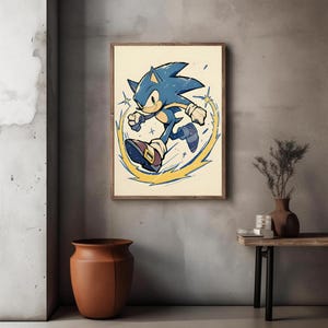 May include: A blue and yellow cartoon illustration of Sonic the Hedgehog running with a yellow lightning bolt effect around him.