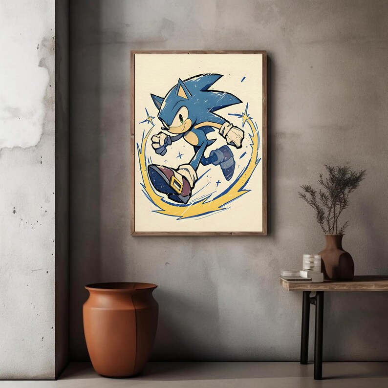 May include: A blue and yellow cartoon illustration of Sonic the Hedgehog running with a yellow lightning bolt effect around him.