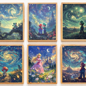 Póster de Super Mario Bros., decoración de habitación infantil, Mario y Luigi, arte de pared de Mario, noche estrellada de Van Gogh, decoración del hogar de Mario, impresión digital