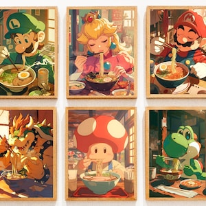Poster di Super Mario, Mario che mangia ramen, arte da parete stampabile, arte da parete di Super mario e luigi, decorazioni per la casa giapponese, cibo giapponese di Tokyo