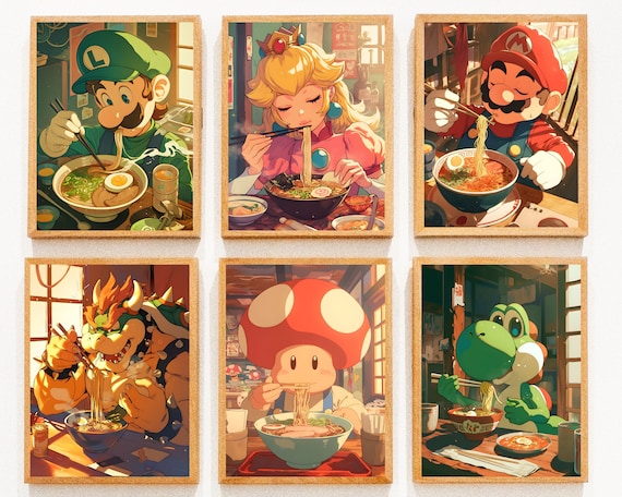 スーパーマリオのポスター、日本食レストラン、ラーメンを食べるマリオ
