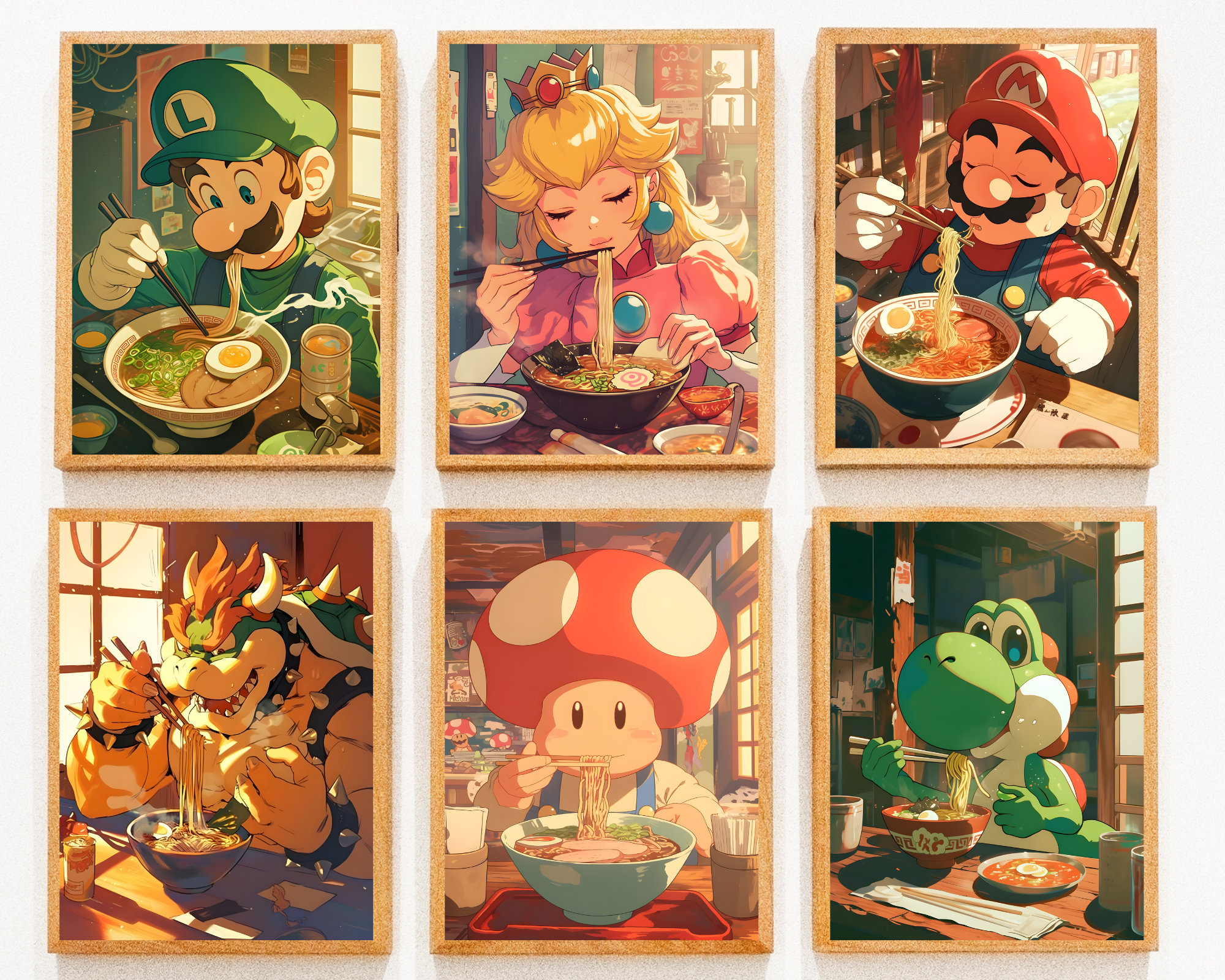 スーパーマリオのポスター、日本食レストラン、ラーメンを食べるマリオ