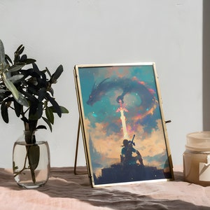 May include: A gold-framed picture with a fantasy illustration of a dragon and a figure holding a sword. The picture is on a stand and there is a candle on a table in the background.