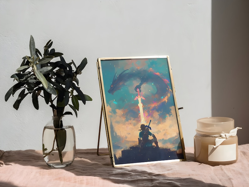 May include: A gold-framed picture with a fantasy illustration of a dragon and a figure holding a sword. The picture is on a stand and there is a candle on a table in the background.
