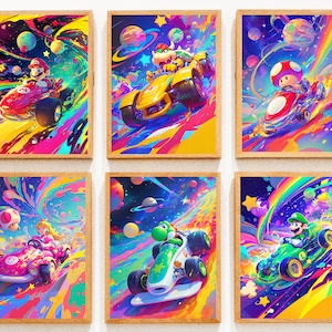 Póster de Mario Kart Rainbow Road, arte de Super Mario, póster de videojuegos, arte mural imprimible, arte mural para dormitorio, póster de Mario y Luigi, impresión digital