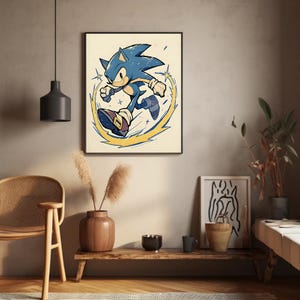 May include: A blue and yellow cartoon illustration of Sonic the Hedgehog running with a yellow lightning bolt effect around him. The background is a light beige color.