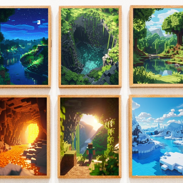 Set of 6 Minecraft poster, minecraft wall art, minecraft landscape, mine game pixel craft, digital art, cube world, wall art.