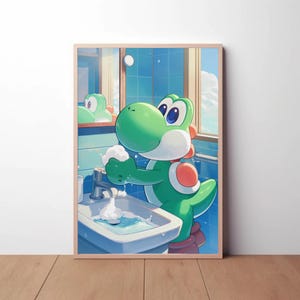 Yoshi-Badezimmer-Poster „Wasche deine Hände“, Mario Bros-Wandkunst, Videospiel-Poster, druckbare Wandkunst, lustiger Badezimmer-Druck