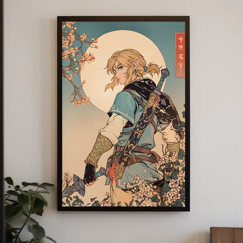 Pu&ograve; includere: Un'illustrazione digitale di un personaggio della serie di videogiochi The Legend of Zelda. Il personaggio &egrave; in piedi in un bosco con una spada e uno scudo. Lo sfondo &egrave; un cielo azzurro chiaro con una luna bianca. Il testo "Hyrule" &egrave; scritto in caratteri giapponesi nell'angolo in alto a destra dell'immagine.