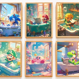 Conjunto de pôster de personagens de jogos famosos, arte de Mario e Luigi, pôster de banheiro, Link da arte de parede de Zelda, Kirby, arte de personagens de Smash Bros