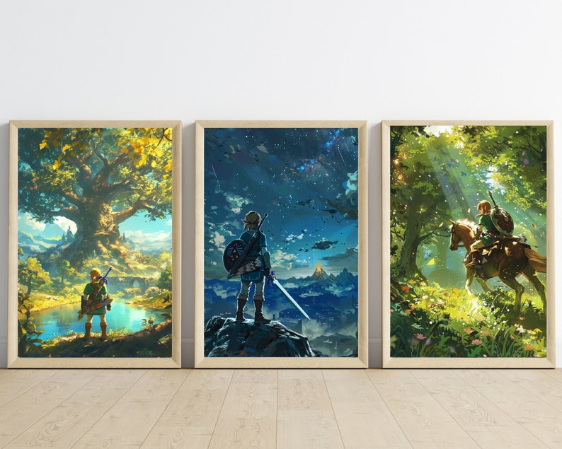May include: Three framed prints depicting scenes from the Legend of Zelda: Breath of the Wild video game. The first print shows a large tree with a green, blue, and brown landscape. The second print shows a character standing on a cliff overlooking a blue and green landscape. The third print shows a character riding a horse through a forest.