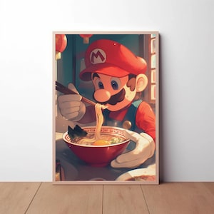 Super Mario poster, Mario eating ramen, Mario in restaurant, Printable Wall Art, Gaming Wall Art, Japanese Home Decor, digital print