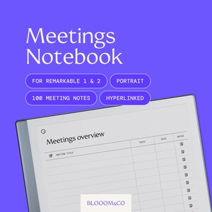 Peut inclure: Un carnet numérique pour les tablettes Remarkable 1 & 2. Le carnet est conçu pour prendre des notes de réunion et comprend 100 pages pour les notes. Le carnet est en orientation portrait et a des pages hyperliées. Le carnet est affiché sur une tablette grise avec un fond blanc.