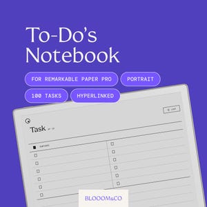 Peut inclure: Un carnet numérique de tâches pour Remarkable Paper Pro, en mode portrait. Le carnet contient 100 tâches et est hyperlié. L'écran affiche une liste de tâches avec des cases à cocher. La marque BLOOOM&CO est en bas.