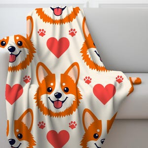 Corgi Dog Blanket | Cute Pet Lover Throw with Hearts & Paw Prints | Funny Dog Mom Gift | Cozy Cartoon Corgi Blanket | Dog Lover Decor