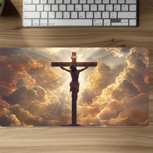 Christian Desk Mat | Jesus on the Cross with Heavenly Light |  Inspirational Mouse Pad | Religious Office Decor | Faith-Based Gift