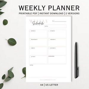 Druckbarer Wochenplaner Vorlage PDF, 7 Tage Wochenplaner, Minimalistischer Wochenplaner, Erinnerungen, Organizer für Arbeit und Zuhause.