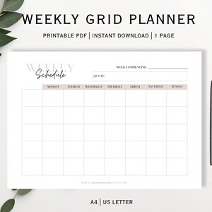 May include: Printable weekly grid planner in A4 or US Letter size. The planner has a simple design with a light brown background and black text. The planner includes a space for a quote, the week commencing date, and a grid for each day of the week.