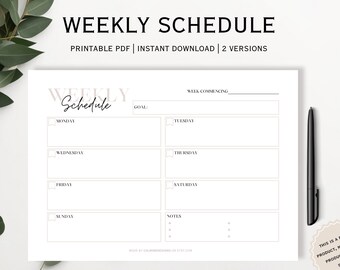 May include: Printable weekly schedule planner in A4 or US Letter size. The planner has a simple design with a space for a weekly goal, a section for each day of the week, and a notes section.