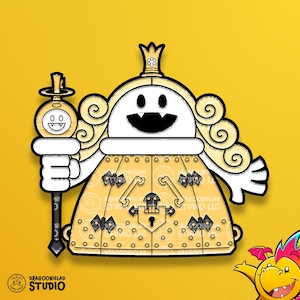 May include: A cartoon character illustration with a white face, black mouth, and a crown. The character is wearing a yellow dress with black accents and holding a staff with a smiling face. The background is yellow.