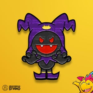 May include: A cartoon character with a black body, red eyes, and a wide red mouth. It wears a purple hat with a yellow star and a purple outfit. The image has the text "DRAGOONIELAD STUDIO LLC" on a yellow background.
