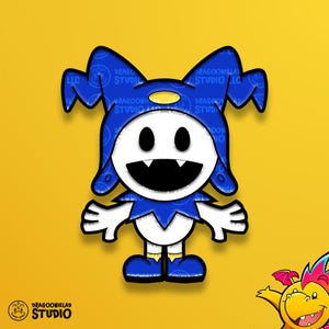 May include: A cartoon character with a white body, black eyes, and a wide, toothy grin. It wears a blue hat and matching boots. The hat has the text "DRAGOONIELAD STUDIO" printed on it. The background is yellow.
