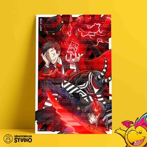 Puede incluir: Un póster con una ilustración vibrante en tonos rojos y negros. Muestra a un personaje con traje sosteniendo una carta, rodeado de otras figuras y elementos abstractos. También se incluye texto en japonés y un logotipo de estudio.