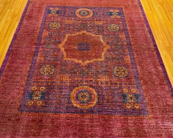 5'8x7'5 Pink Turkish Mamluk Rug - Hand Knotted Medallion Afghan Wool Rug - 6x8 Rug for Bedroom - Dining Room Rug - Kids Room Rug