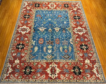 8x10 Blue Red Rug - Handmade Afghan Rug - Rug For Bedroom - Rug For Living Room - Rug For Dining Room - Office Rug - 7'11x10'2 ft