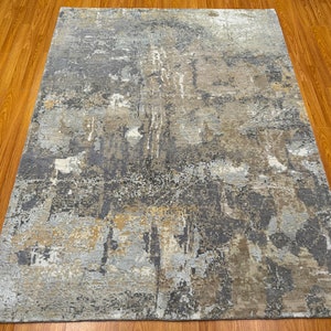 5x7 Wool & Silk Abstract Rug - Gray Hand Made Contemporary Rug - Modern Rug - Bedroom Rug - Entryway Rug - Abstract Rug - 5&#39;0&quot;x6&#39;8&quot;