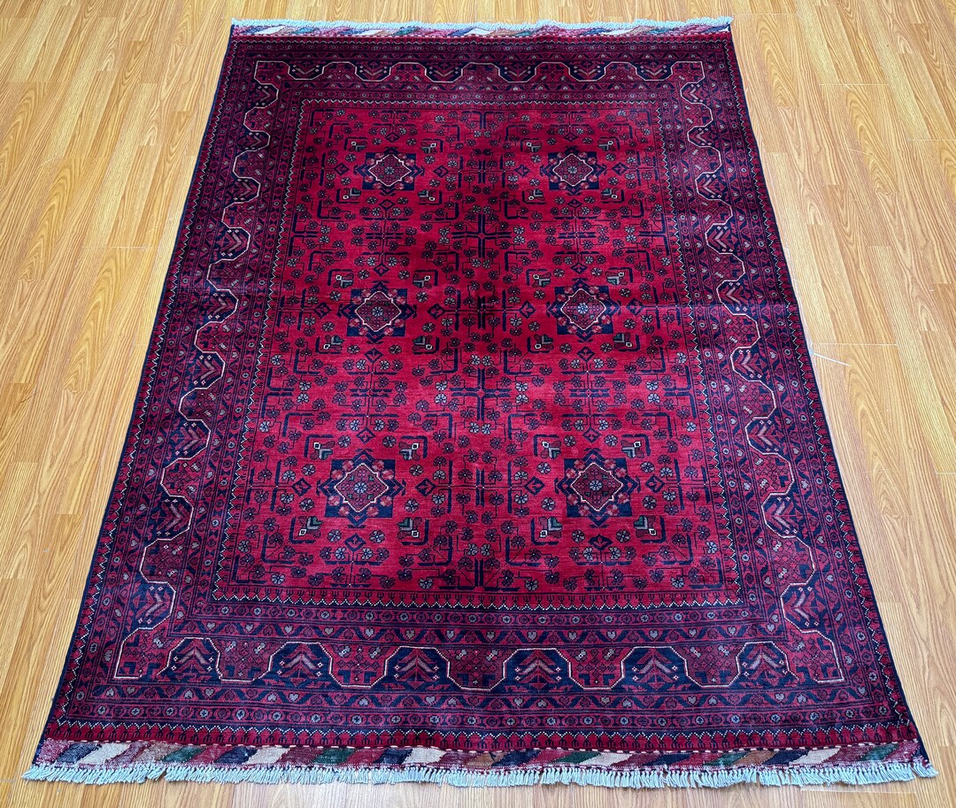 5x7 Ft Traditional Area Rug - Red Hand Knotted Turkmen Design Rug ...