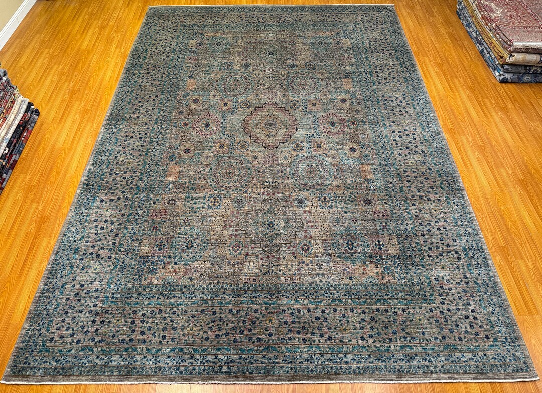 10x14 Turkish Mamluk Rug Gray Blue Hand Knotted Veg Dye Wool Rug ...
