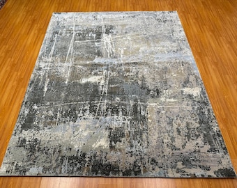 8x10 Wool & Silk Modern Rug - Hand Knotted Contemporary Rug - 8x10 Rug for Bedroom - Living Room Room Rug - Abstract Rug 8x10 - Thick Pile