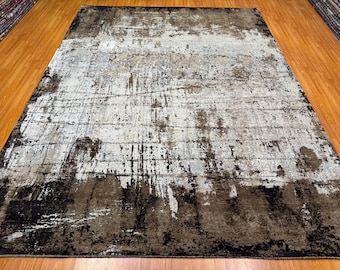 Alfombra de lana y seda anudada a mano de 9 x 12 pulgadas: diseño abstracto moderno