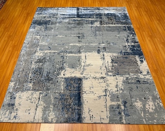 Alfombra abstracta de lana y seda de 8 x 10 pulgadas - Alfombra moderna anudada a mano en gris azulado - Alfombra para dormitorio - Alfombra contemporánea para sala de estar - Alfombra de lana suave - Alfombra para comedor