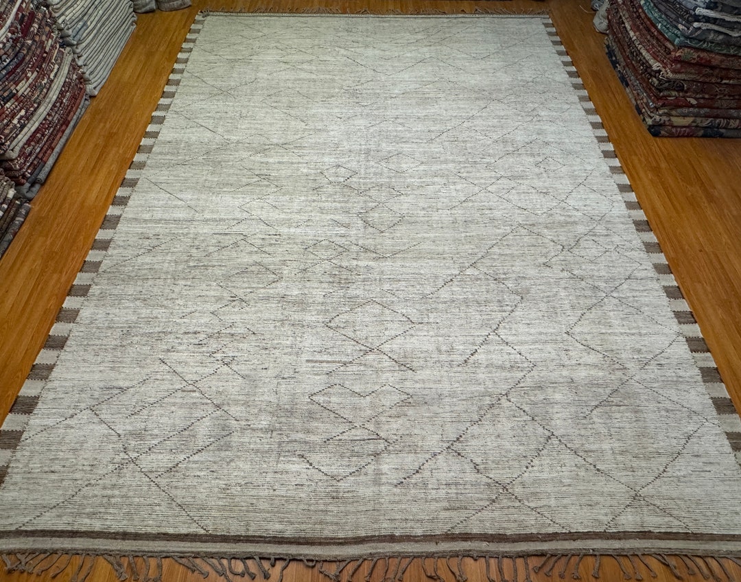 12x16 Ft Hand Knotted Berber Rug - Cream Brown Moroccan Rug - Beni ...