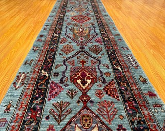 Alfombra Shirvan azul de 4,27 m (14 pies) - Alfombra oriental hecha a mano - Alfombra afgana tradicional - Alfombra para pasillo - Alfombra para entrada - Alfombra de cocina