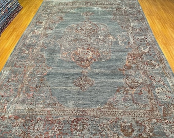 Alfombra tradicional marrón gris 10x14 - Alfombra oriental anudada a mano de lana y seda - Alfombra de dormitorio 10x14 - Alfombra de comedor - Alfombra de sala de estar medallón