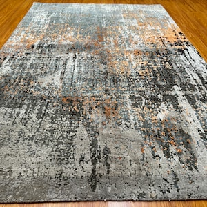 4x6 Modern Wool & Silk Rug - Blue Brown Gray Hand Knotted Rug - Abstract Rug - Soft Wool Rug - Kitchen Rug - Bedroom Rug - 4&#39;2&quot;x6&#39;2&quot;