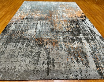 Alfombra moderna de lana y seda de 4 x 6 pulgadas - Alfombra anudada a mano en tonos azul, marrón y gris - Alfombra abstracta - Alfombra de lana suave - Alfombra de cocina - Alfombra de dormitorio - 4'2" x 6'2"
