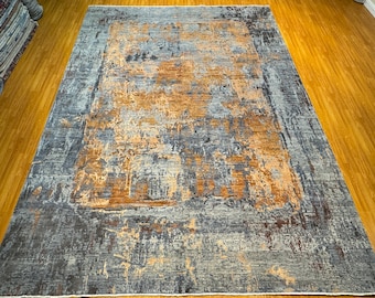 Alfombra moderna gris de lana y seda de 10x14 pies - Alfombra afgana anudada a mano con tintes vegetales - Alfombra para dormitorio - Alfombra para comedor - Alfombra para sala de estar - Alfombra abstracta