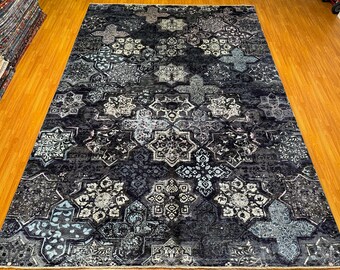 Alfombra de diseño de estrella abstracta 10x14 - Alfombra moderna de lana azul negra anudada a mano y alfombra moderna de seda - Alfombra de dormitorio 10x14 - Alfombra de comedor - Alfombra de sala de estar