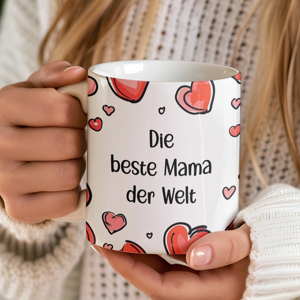 Kaffeetasse ""Die beste Mama der Welt" Geschenk Muttertag Tasse Rote Herzen Muster."