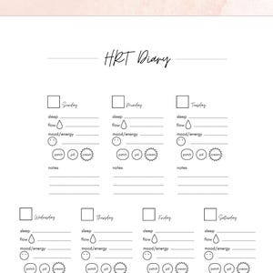 HRT Diary - track perimenopause menopause symptoms during your hormone replacement therapy (HRT) journey with this digital weekly tracker planner journal printable. Note daily sleep, flow, mood/energy, patch pill and cream use along with general notes and weekly reflections. 8.5 x 11 inch printable file.