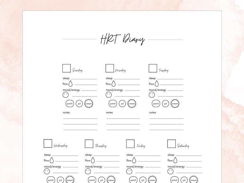 HRT Diary - track perimenopause menopause symptoms during your hormone replacement therapy (HRT) journey with this digital weekly tracker planner journal printable. Note daily sleep, flow, mood/energy, patch pill and cream use along with general notes and weekly reflections. 8.5 x 11 inch printable file.
